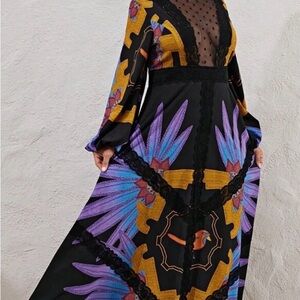 Source Unknown Black Maxi Dress with Purple & Gold Print